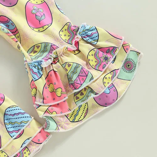 Vista 6 de Traje de Pascua para bebé niña, camiseta de manga corta de conejomameluco con pantalones acampanados, traje de Pascua para niña pequeña