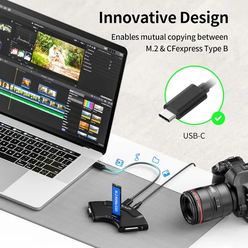 Vista 5 de Alxum Lector multitarjeta USB C 5 en 1 de 10 Gbps y carcasa M.2 NVMe Plug & Play para fotógrafos editores de video, CFexpress A/B, SD 4.0, Micro SD
