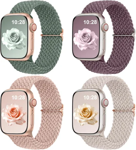 Vista 10 de DaQin Paquete de 4 correas elásticas trenzadas Solo Loop para Apple Watch para mujeres y hombres, de 1.575 pulgadas, 1.614 pulgadas, 1.654 pulgadas