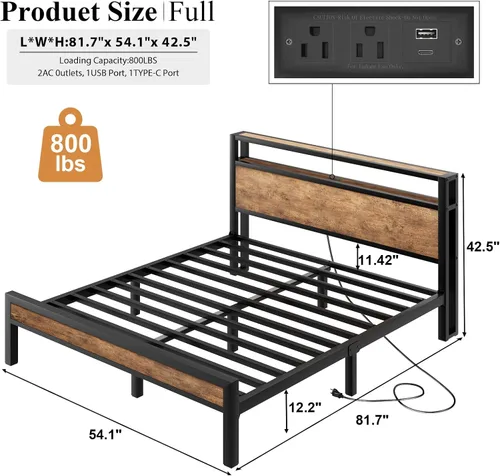 Vista 13 de LOEWAY Base de cama tamaño Queen con cabecero de almacenamiento y luces LED, color gris