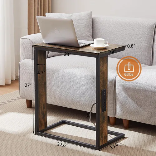 Vista 3 de Vagusicc Mesa auxiliar en forma de C con estación de carga, mesa auxiliar pequeña para sofá con salidas y puertos USB para sala de estar