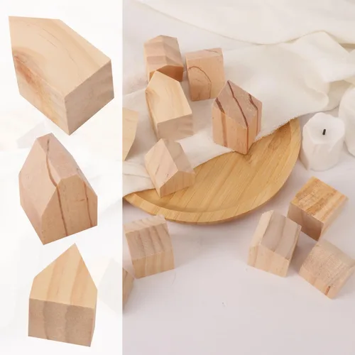 Vista 3 de 42 bloques de madera sin terminar en forma de casa, casas de madera para manualidades, bloques de madera con forma de flecha para bricolaje, estante