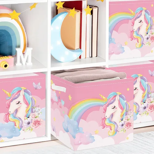 Vista 5 de Clastyle Juego de cestas de almacenamiento plegables de unicornio rosa para niños, organizador de ropa, cuarto de bebé, juguetes para niñas, estante