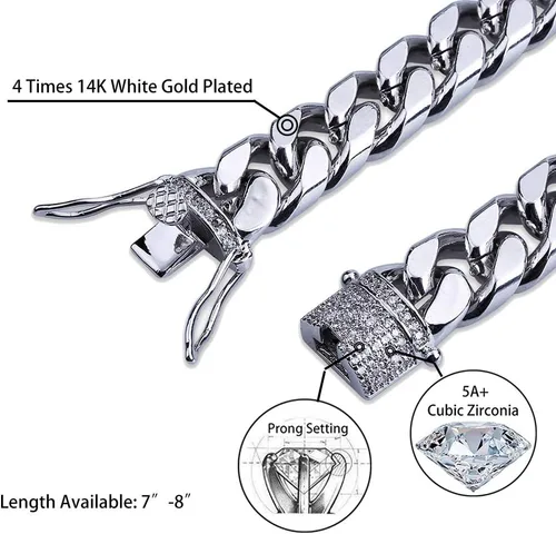 Vista 2 de TOPGRILLZ Pulsera de oro con eslabones cubanos chapados en oro de 14 quilates, Hip Hop Miami, pulsera de eslabones cubanos sólidos para hombres