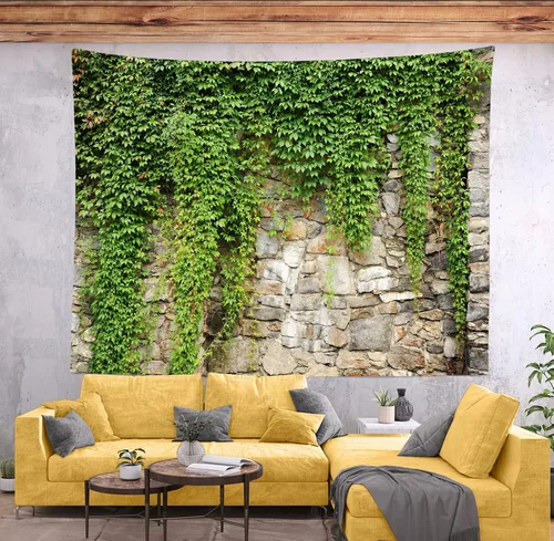 Vista 4 de BELECO Tapiz de pared de piedra con hojas para colgar en la pared, 176 x 118 pulgadas, jardín de primavera, pared de piedra vieja, tapiz de hojas