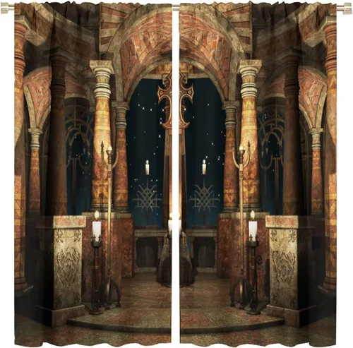 Vista 11 de Cortinas góticas con diseño de luna de Halloween, historia, puerta espeluznante, fondo de terror, vela, ficción, patrón de impresión, sala de estar