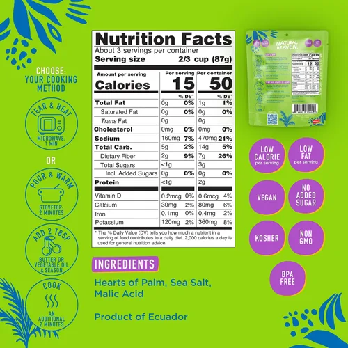 Vista 2 de Natural Heaven Hearts of Palm - Arroz blanco Sin gluten 0.14 oz de carbohidratos Alto en fibra Keto Paleo Vegano – Envasado al vacío