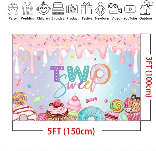Vista 4 de Mocsicka Donut Two Sweet - Telón de fondo para decoración de segundo cumpleaños de niña, 2º cumpleaños, edad de dos dulces con purpurina, postre