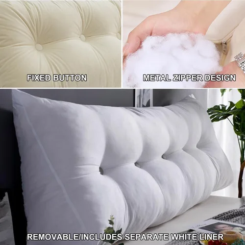 Vista 4 de Almohada de pared triangular con botones copetudos, cojín de apoyo de lectura, almohada de cama de lectura suave, color sólido, soporte para cuello