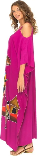 Vista 3 de SHU-SHI Maxivestido caftán para mujer, hombros descubiertos, estilo casual, largo, para playa, talla grande, caftán