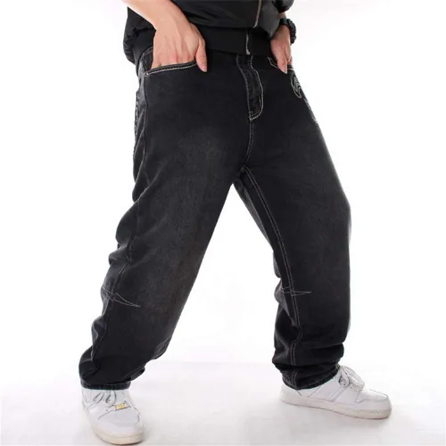 Vista 4 de LUOBANIU Pantalones de mezclilla holgados estilo hip hop vintage para hombre, pantalones de patineta de baile