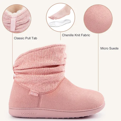 Vista 5 de LongBay Pantuflas de punto de chenilla cálidas para mujer, de espuma viscoelástica, cómodas, de gamuza, esponjosas, de espuma viscoelástica, botas