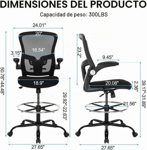 Vista 3 de Silla de dibujo, silla de oficina alta ergonómica con soporte lumbar, taburete de escritorio de pie con reposabrazos abatibles, cómoda silla