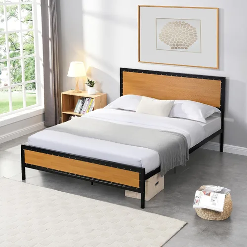 Vista 7 de Base de cama de metal de tamaño matrimonial con cabecera y estribo de madera, base de cama de plataforma resistente con almacenamiento, base