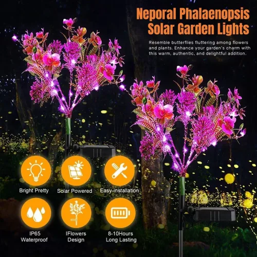 Vista 5 de Neporal Luces solares de jardín al aire libre impermeables IP65, 2 unidades Phalaenopsis flores solares luces solares de jardín impermeables