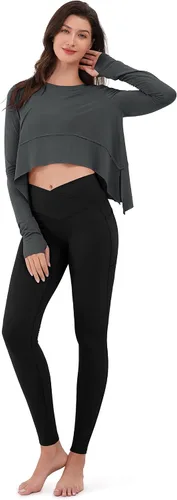 Vista 4 de ODODOS Camiseta corta de manga larga modal suave para mujer con agujero para el pulgar, atlético, gimnasio, entrenamiento, camisetas de yoga