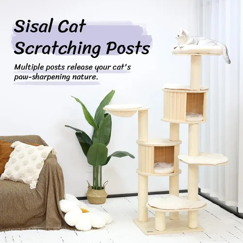 Vista 4 de KAMABOKO Árbol para gatos de 67 pulgadas de alto, árbol extragrande para gatos, torre masticable de madera de 8 niveles con condominio para gatos