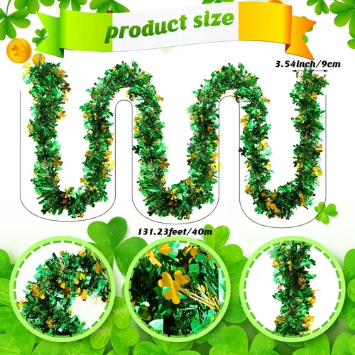 Vista 3 de Riceshoot Guirnalda de Oropel del Día de San Patricio de 131.23 pies, Guirnalda Metálica de Trébol Irlandés, Decoraciones para Árbol de San