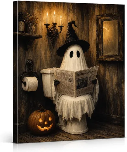 Vista 33 de QPVXSST Arte de Pared Interesante de Fantasma de Halloween para Baño, Póster Impreso en Lienzo de Estilo Gótico, Decoración de Baño con Diseño