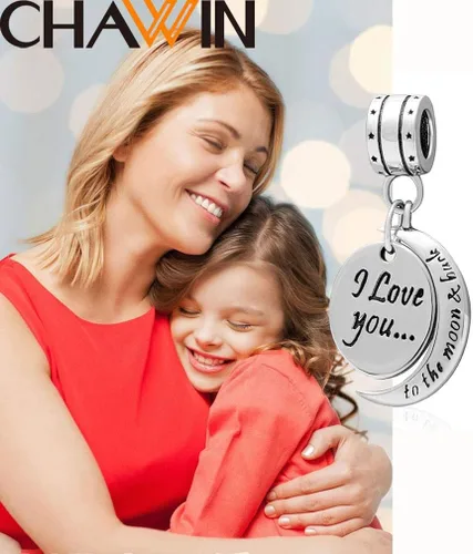 Vista 7 de Colgante de plata de ley 925 con texto en inglés "I Love You To the Moon and Back" para mamá, mujeres y niñas, Acero inoxidable, Circonita Cúbica