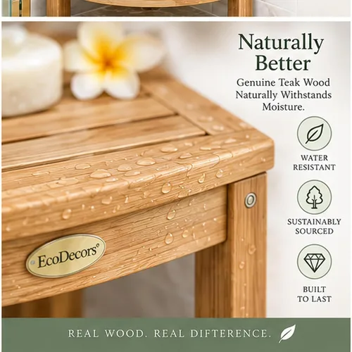 Vista 5 de Esquinero earthyteak ™. Totalmente montado. Esquinero de 2 niveles, de teca compacta. Banco de pie para ducha con estante. Almacenamiento