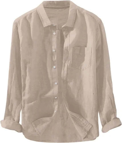 Vista 3 de Camisa de lino para hombre, manga larga, cómoda, abotonada, lisa, ligera, holgada, con bolsillos