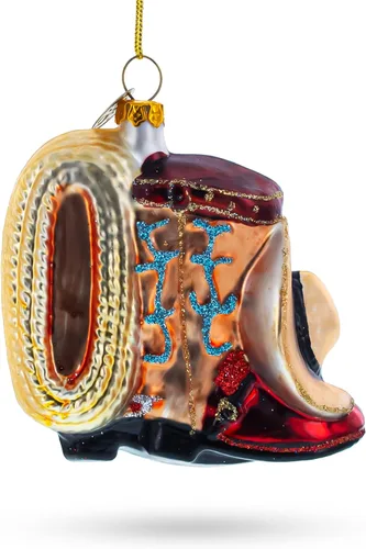 Vista 2 de Botas de vaquero y sombrero de cristal soplado adorno de Navidad