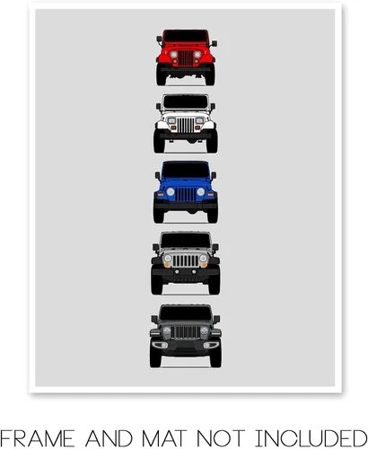 Vista 2 de Custom Car Posters Póster hecho a mano compatible con Jeep Wrangler Generations e impresión de CJ, YJ, TJ, JK, JL, estadounidense, 8 x 10 pulgadas