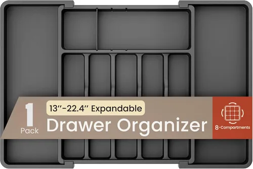 Vista 9 de Organizador de cajones de utensilios expandible negro, 1 paquete, ajustable de 13 a 22.4 pulgadas, organizador de cubiertos de 5 compartimentos