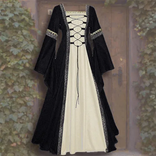 Vista 3 de Vestido medieval para mujer, vintage, manga acampanada, vestido renacentista, disfraz de bruja victoriana, Halloween, disfraz de lujo para adultos