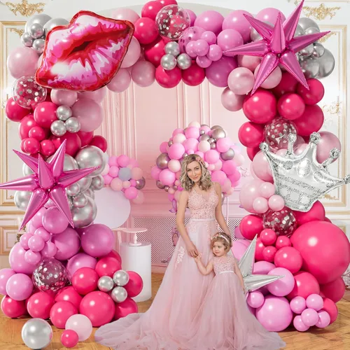 Vista 5 de Kit de guirnalda de globos rosa y plateado de princesa de 173 piezas con estrella en explosión, globo de corona plateada para decoración de fiesta