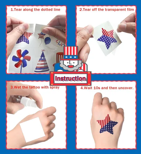 Vista 4 de HSHFAMIIY Trajes para mujer del 4 de julio, tatuajes temporales del 4 de julio, 120 tatuajes patrióticos de bandera de Estados Unidos, bandera