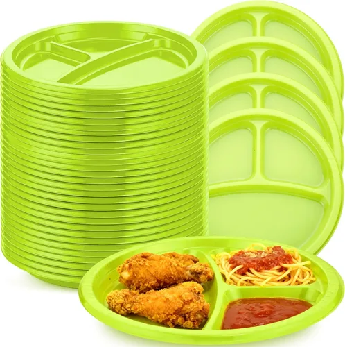 Vista 14 de Umigy 100 platos de plástico divididos de 10 pulgadas, 3 compartimentos, a granel, colorido, desechable, resistente, vajilla redonda para San Negro