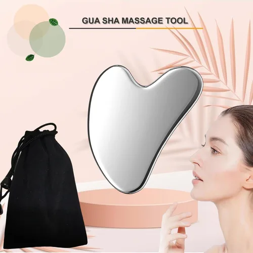 Vista 2 de Herramientas faciales Gua Sha de acero inoxidable, rodillo facial y juego de Gua Sha para masaje facial, cuello, ojos, cuerpo, elevación de barbilla