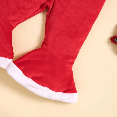 Vista 6 de Noubeau Trajes de Navidad para bebé niña con volantes, manga larga, túnica de Papá Noel, parte superior de terciopelo, pantalones acampanados