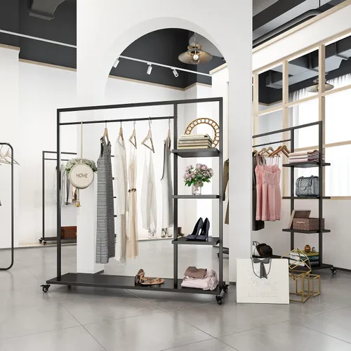 Vista 4 de Percheros de ropa negros con estante, perchero de ropa para boutiques, percheros industriales resistentes, exhibición de múltiples usos