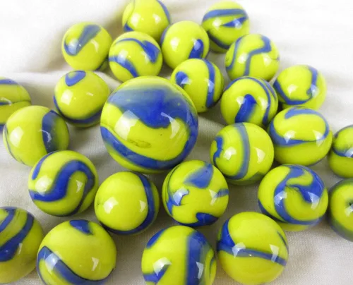 Vista 4 de ~25 canicas de vidrio azul Tang Dory amarillo/azul remolino estilo clásico paquete de juego (24 jugadores, 1 tirador) decoración/relleno