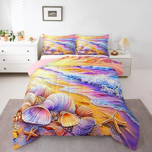 Vista 11 de Castle Fairy Juego de edredón de verano para niños, tamaño individual, diseño náutico reversible con diseño náutico de estrellas de mar, barco y Azul