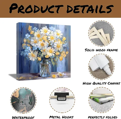 Vista 6 de QIXIANG Lienzo decorativo para pared, diseño de flores blancas, amarillas, azules, margaritas, ramo en un jarrón, impresiones para baño, cocina