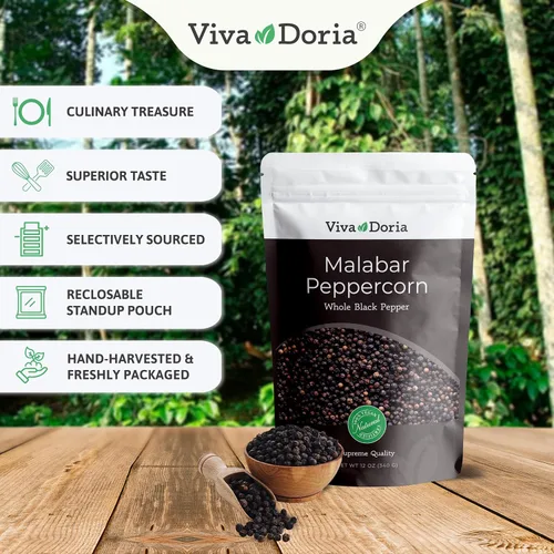 Vista 3 de Viva Doria Malabar Pimienta negra, pimienta negra entera, pimienta negra, 12 onzas y sal marina pura, grano grueso, 2 libras, para recambios