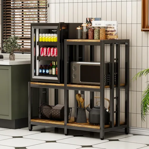 Vista 6 de Mini soporte para refrigerador con almacenamiento, soporte para horno de microondas, estante para panaderos con estante de almacenamiento, mini