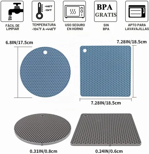 Vista 6 de Salvamanteles para platos calientes, paquete de 4 almohadillas calientes de silicona para cocina, tapete de silicona antideslizante resistente al