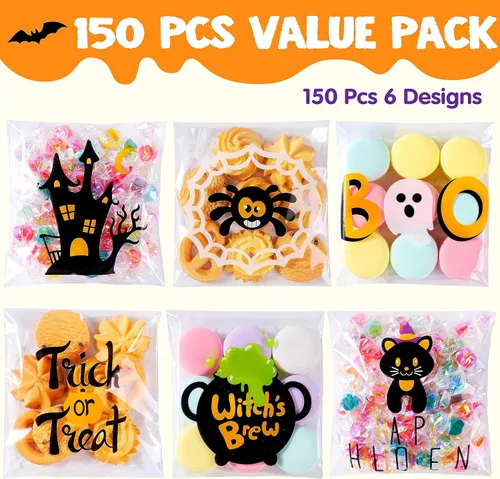Vista 2 de JOYIN 150 bolsas de celofán de Halloween, autoadhesivas, transparentes para galletas y dulces, para niños, para dulce o truco, pequeña bolsa