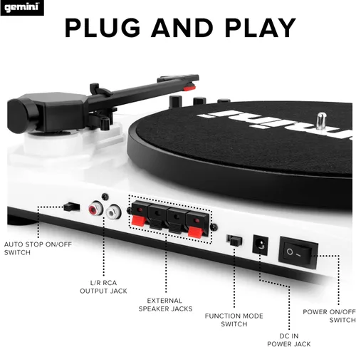 Vista 6 de Gemini Sound TT-900-Tocadiscos de 3 velocidades con Bluetooth, altavoces estéreo de 2 vías y ajuste de tono (blanco) Tocadiscos Bluetooth
