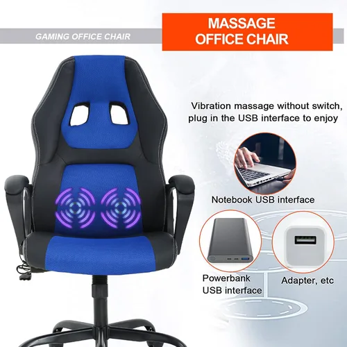 Vista 4 de Silla de oficina de masaje, silla de juegos para PC, cómoda silla de oficina ergonómica, silla de escritorio con soporte lumbar, reposacabezas