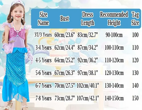 Vista 6 de Disfraz de sirena para niñas pequeñas, disfraz de princesa Ariel con accesorios, peluca para fiesta de cumpleaños, Halloween, cosplay