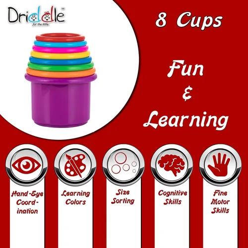 Vista 2 de Driddle Coloridas tazas apilables y anidadas, 8 tazas, divertido juguete de aprendizaje de color, gran juguete de baño y playa para bebés y niños