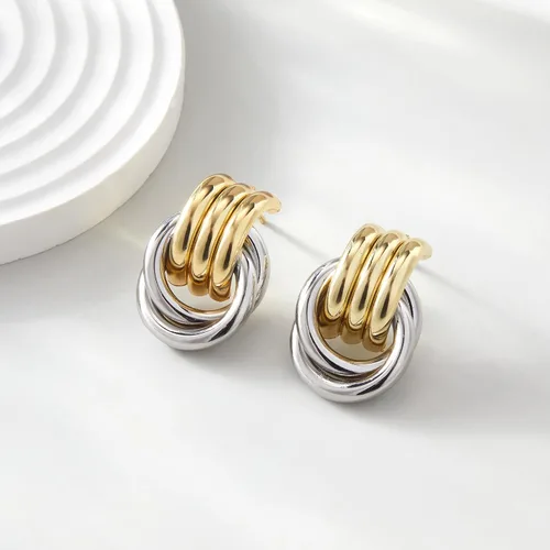Vista 6 de Aretes gruesos de nudo dorado para mujer, aretes de eslabones largos con diseño geométrico de oro y plata