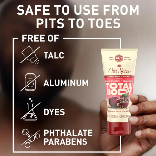 Vista 4 de Old Spice Crema desodorante para todo el cuerpo para hombres, sin aluminio, cereza negra + aroma a borbón, protección contra olores 24/7, frescura