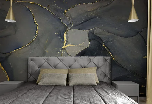 Vista 5 de Mural de pared abstracto con patrón de piedra de mármol de ágata negra y dorada. Papel tapiz extraíble para despegar y pegar, #6454
